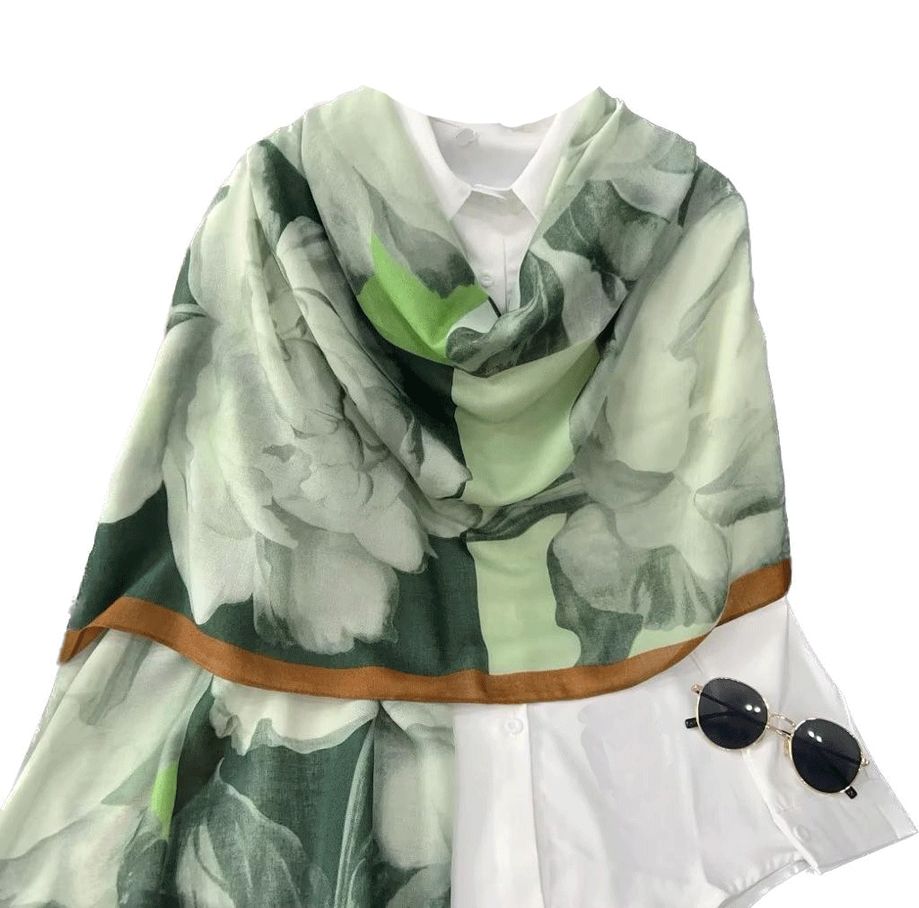 LADIES LUXRIOUS LARGE SOFT FEEL SPRING FASHION MAJESTIC BLUE FLOWERS AND GREEN EMERALD FLOWERS WITH COGNAG BORDER SCARF