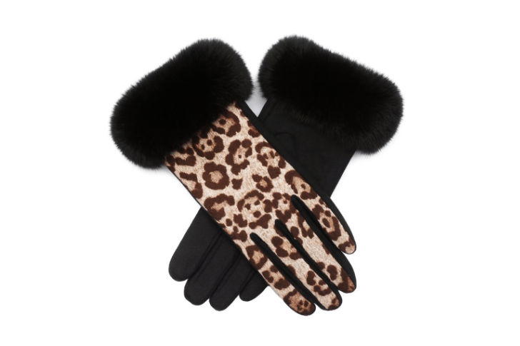 CLUB ROCHELIER LADIES ANIMAL PRINT GLOVE WITH FAUX FUR CUFF
