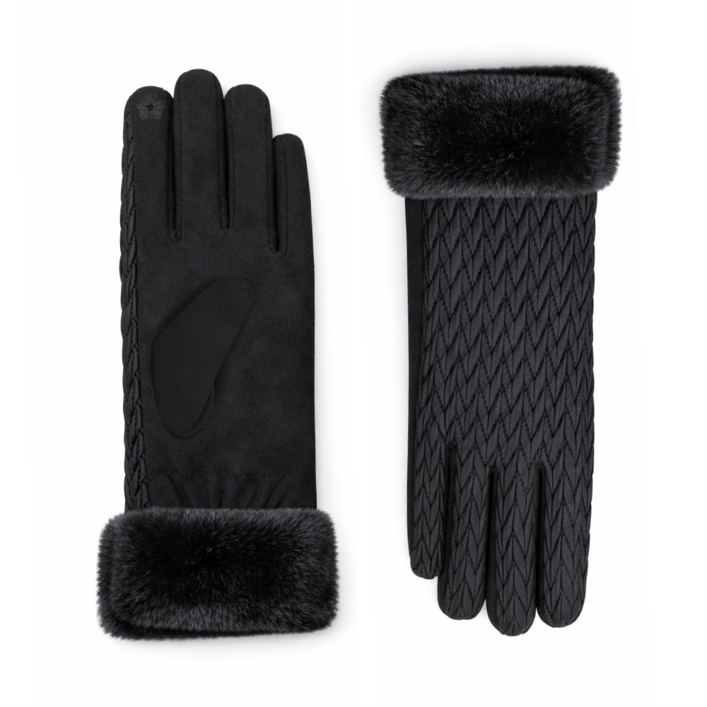NICCI Ladies Quilted Herringbone Glove with Faux Fur Cuff