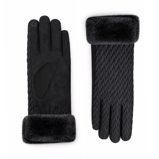 NICCI Ladies Quilted Herringbone Glove with Faux Fur Cuff