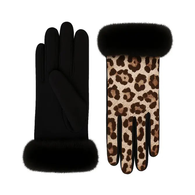 CLUB ROCHELIER LADIES ANIMAL PRINT GLOVE WITH FAUX FUR CUFF