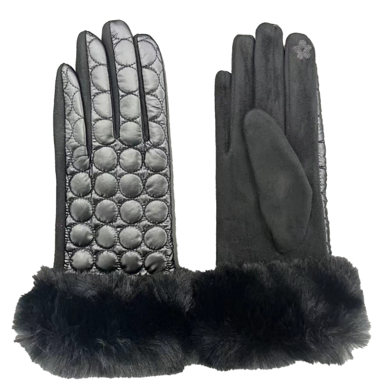 CLUB ROCHELIER BUBBLE LADIES BUBBLE QUILTED PU/FAUX SUEDE GLOVE WITH FAUX FUR CUFF