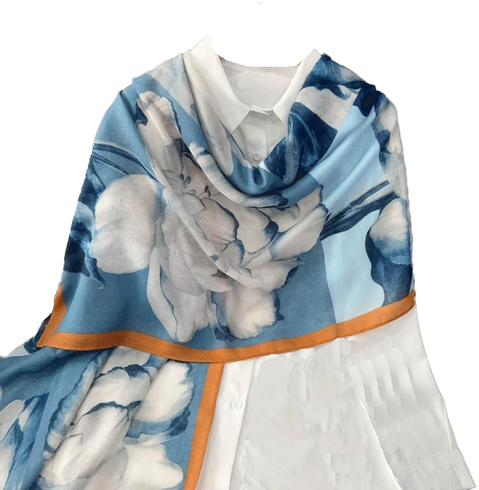 LADIES LUXRIOUS LARGE SOFT FEEL SPRING FASHION MAJESTIC BLUE  FLOWERS AND GREEN  EMERALD FLOWERS WITH COGNAG BORDER  SCARF