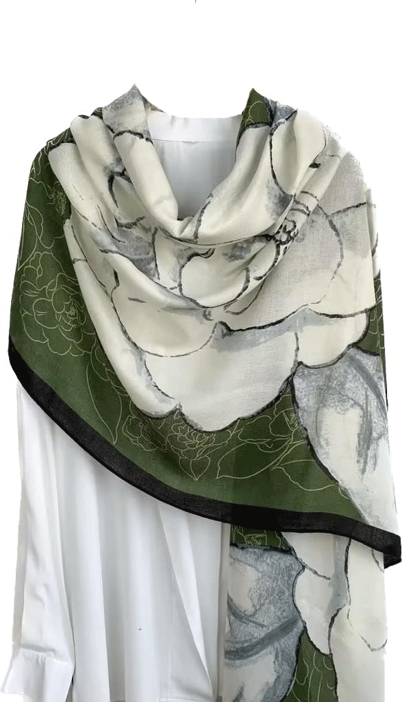 LADIES LUXRIOUS LARGE SOFT FEEL SPRING FASHION MAJESTIC BLUE  FLOWERS AND GREEN  EMERALD FLOWERS WITH COGNAG BORDER  SCARF