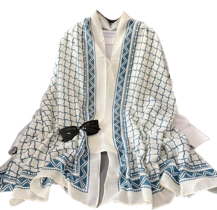 LADIES LUXURIOUS LARGE SOFT FEEL SPRING FASHION GEOMETRIC GREEN AND OFF WHITE SCARF