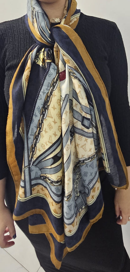 LADIES LUXURIOUS LARGE SOFT FEEL SPRING FASHION BLUE/MATOON/OFF WHITE CHAIN SCARF