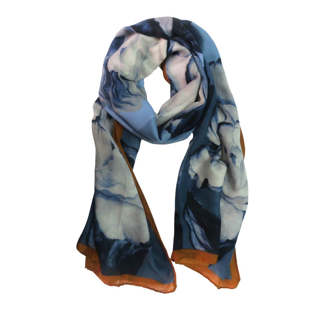 LADIES LUXRIOUS LARGE SOFT FEEL SPRING FASHION MAJESTIC BLUE  FLOWERS AND GREEN  EMERALD FLOWERS WITH COGNAG BORDER  SCARF