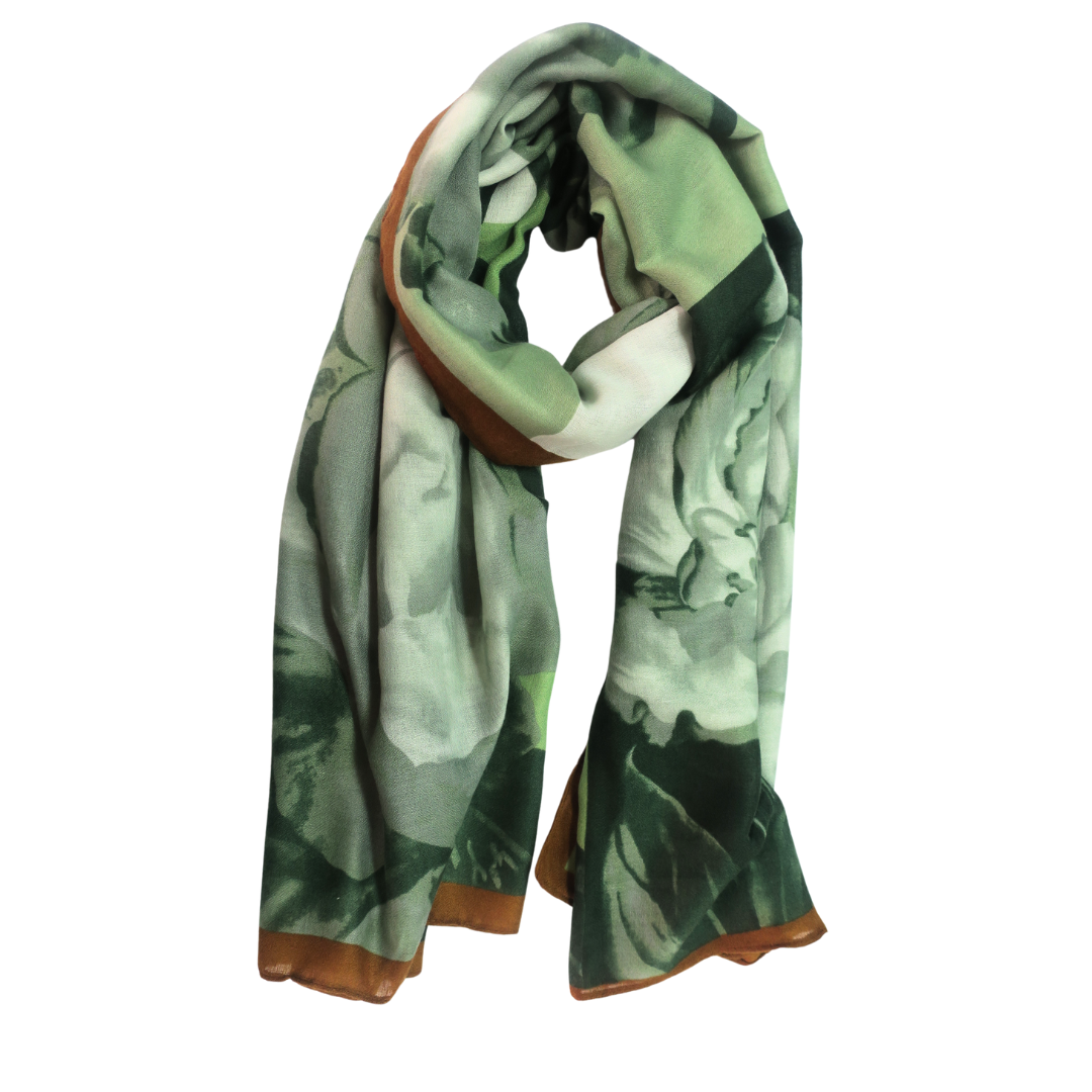 LADIES LUXRIOUS LARGE SOFT FEEL SPRING FASHION MAJESTIC BLUE  FLOWERS AND GREEN  EMERALD FLOWERS WITH COGNAG BORDER  SCARF