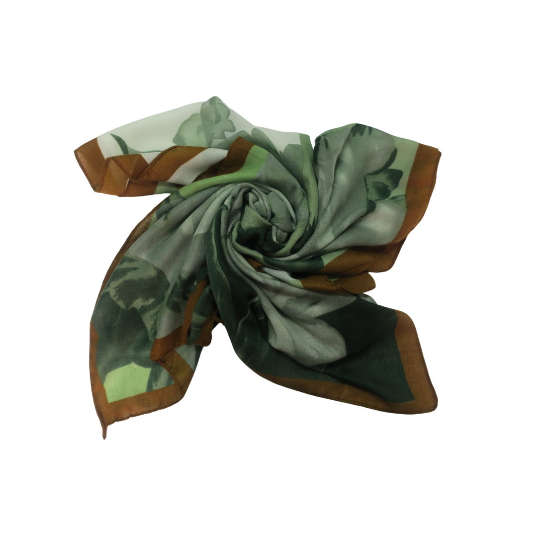 LADIES LUXRIOUS LARGE SOFT FEEL SPRING FASHION MAJESTIC BLUE  FLOWERS AND GREEN  EMERALD FLOWERS WITH COGNAG BORDER  SCARF