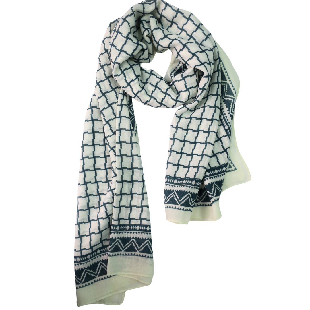 LADIES LUXURIOUS LARGE SOFT FEEL SPRING FASHION GEOMETRIC GREEN AND OFF WHITE SCARF
