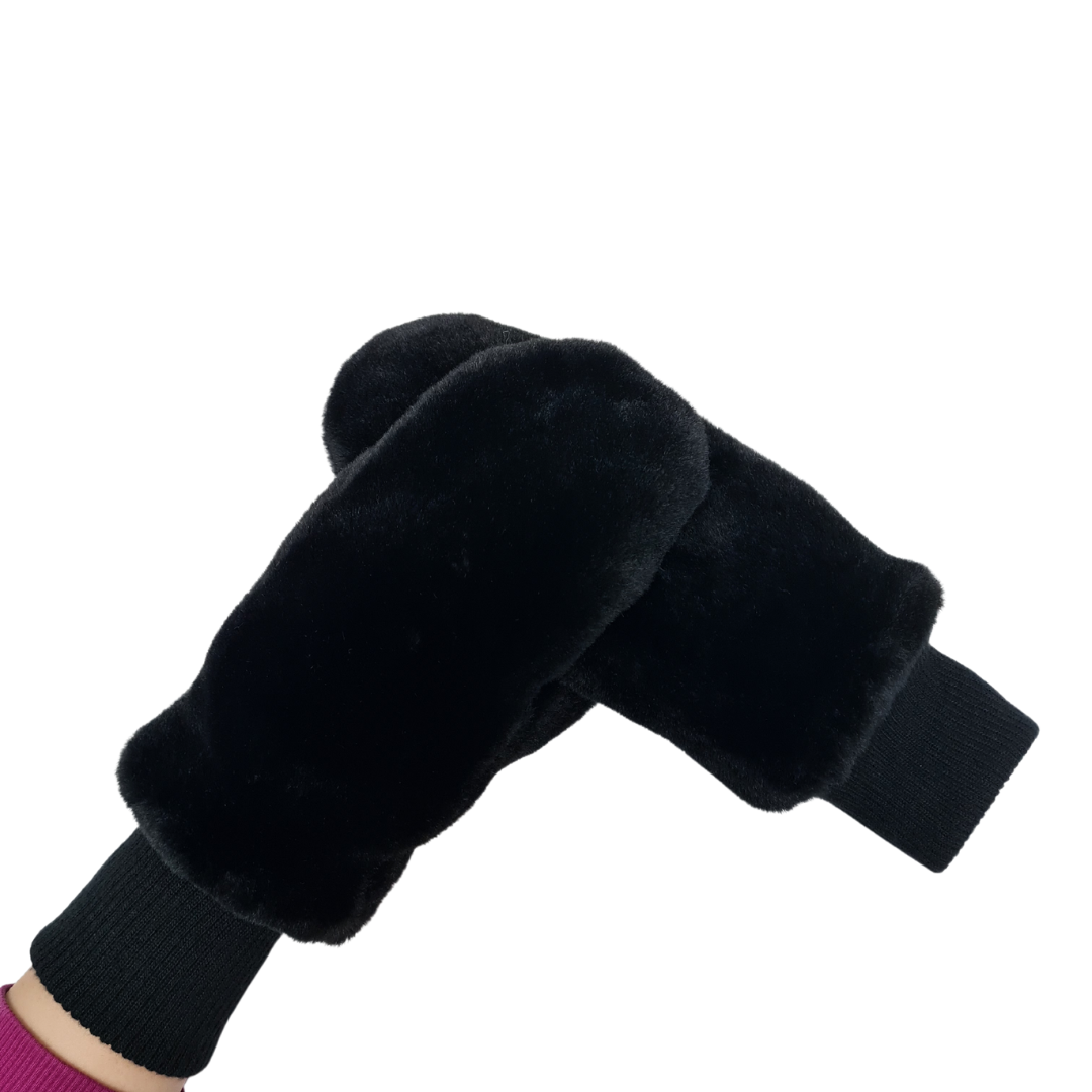 NICCI LADIES FAUX FUR MITTEN WITH KNITTED CUFF