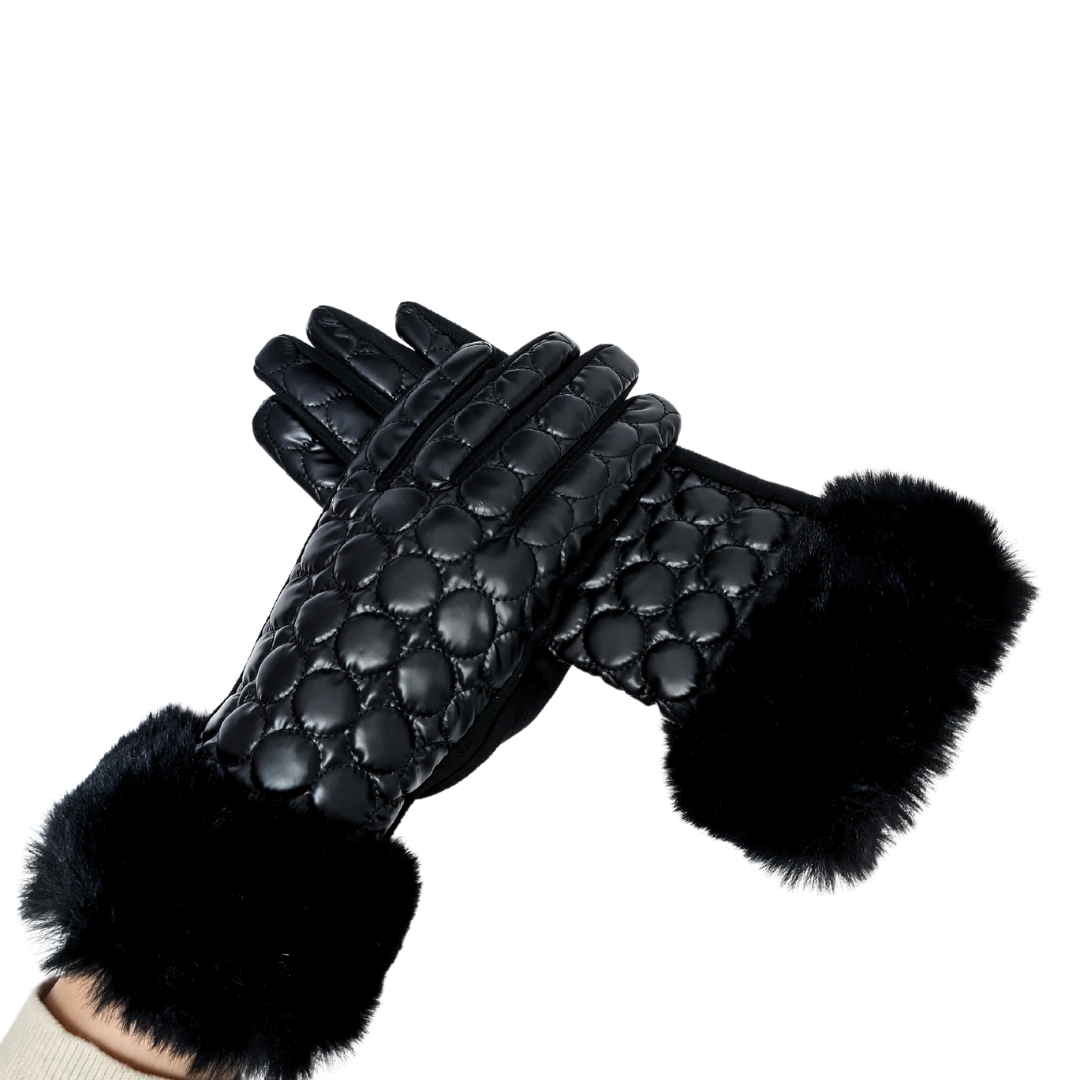 CLUB ROCHELIER BUBBLE LADIES BUBBLE QUILTED PU/FAUX SUEDE GLOVE WITH FAUX FUR CUFF