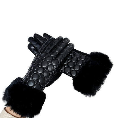 CLUB ROCHELIER BUBBLE LADIES BUBBLE QUILTED PU/FAUX SUEDE GLOVE WITH FAUX FUR CUFF