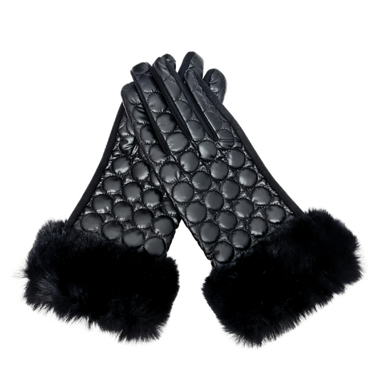 CLUB ROCHELIER BUBBLE LADIES BUBBLE QUILTED PU/FAUX SUEDE GLOVE WITH FAUX FUR CUFF