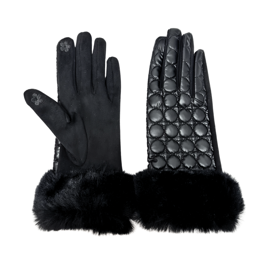 CLUB ROCHELIER BUBBLE LADIES BUBBLE QUILTED PU/FAUX SUEDE GLOVE WITH FAUX FUR CUFF