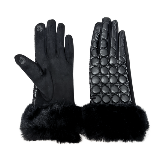 CLUB ROCHELIER BUBBLE LADIES BUBBLE QUILTED PU/FAUX SUEDE GLOVE WITH FAUX FUR CUFF