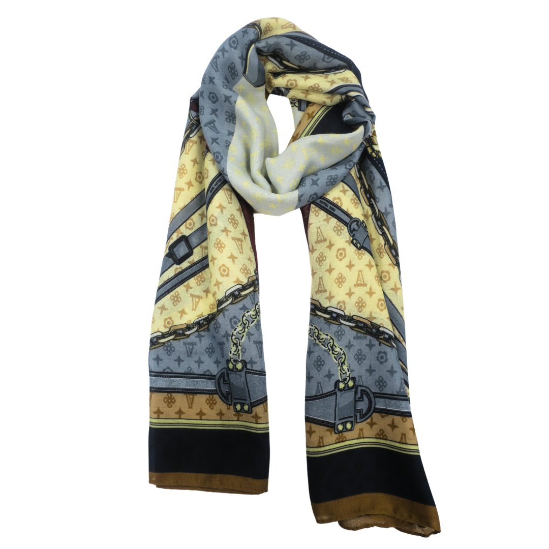 LADIES LUXURIOUS LARGE SOFT FEEL SPRING FASHION BLUE/MATOON/OFF WHITE CHAIN SCARF