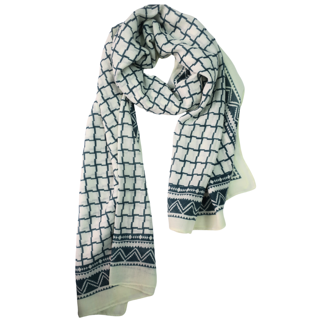 LADIES LUXURIOUS LARGE SOFT FEEL SPRING FASHION GEOMETRIC GREEN AND OFF WHITE SCARF
