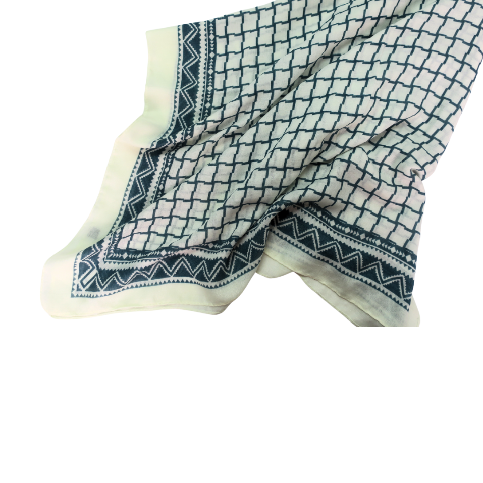 LADIES LUXURIOUS LARGE SOFT FEEL SPRING FASHION GEOMETRIC GREEN AND OFF WHITE SCARF
