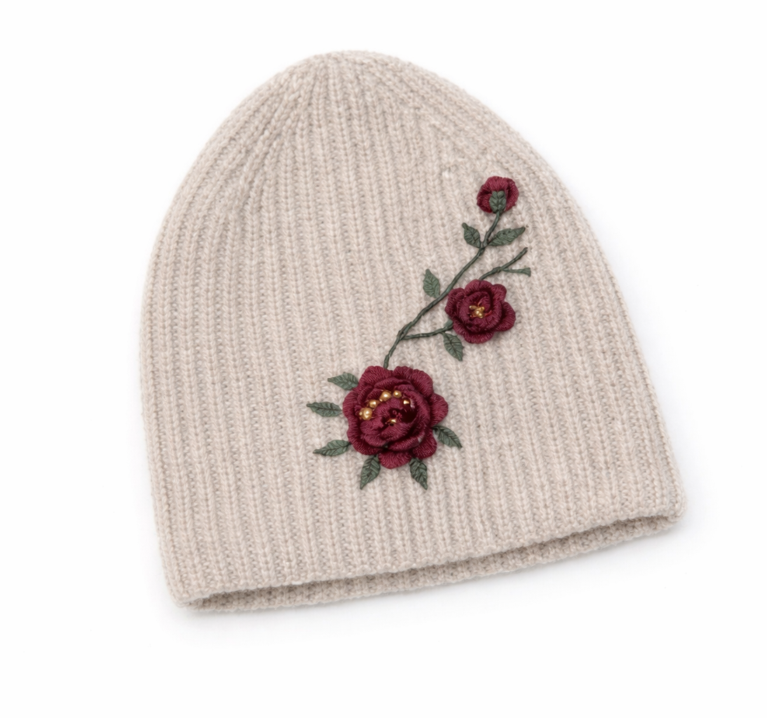 Ladies Floral Embroidered Knit Beanie – Burgundy Roses