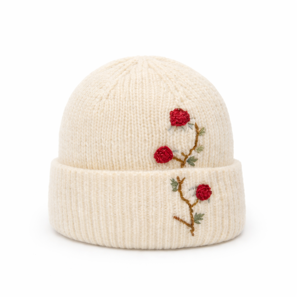 Ladies Embroidered Rose Cuff Beanie – Ivory