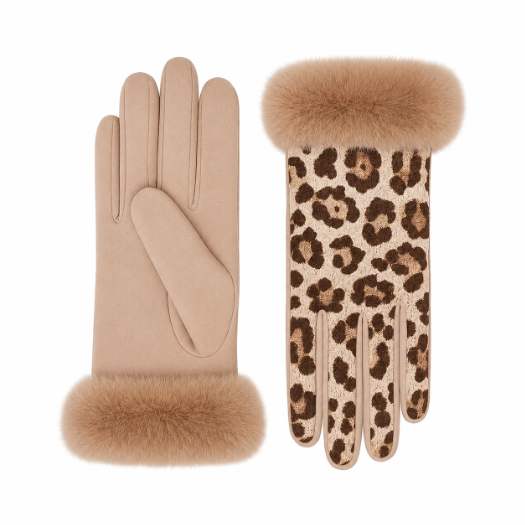 CLUB ROCHELIER LADIES ANIMAL PRINT GLOVE WITH FAUX FUR CUFF
