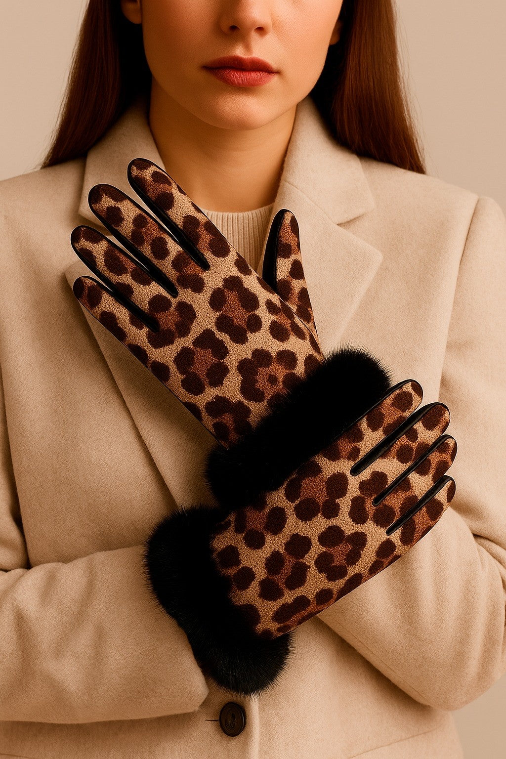 CLUB ROCHELIER LADIES ANIMAL PRINT GLOVE WITH FAUX FUR CUFF
