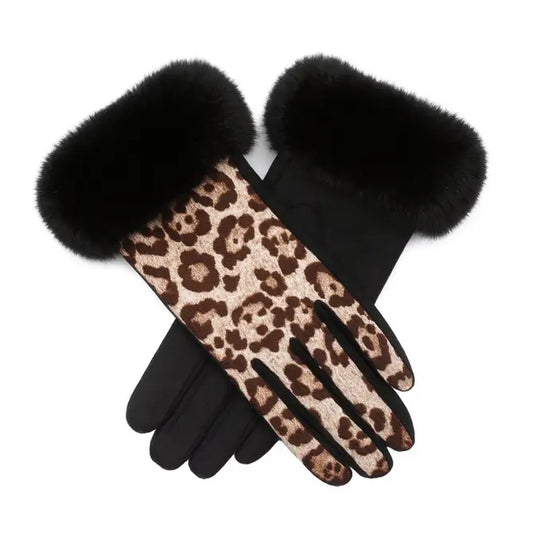 CLUB ROCHELIER LADIES ANIMAL PRINT GLOVE WITH FAUX FUR CUFF
